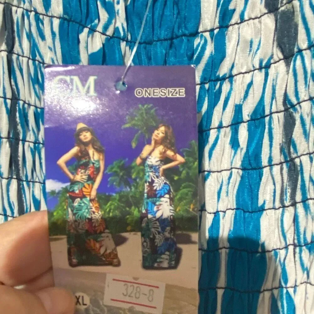 Women's Blue White Tropical Smocked Stretchy‎ Pullover Maxi Dress One Size NWT